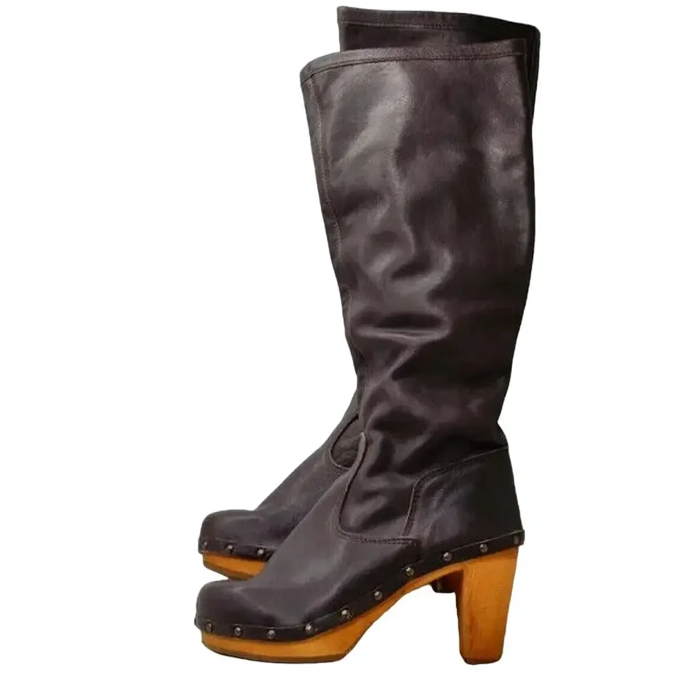 Brown Leather Knee High Clog Boots by sanita Size 6.5
